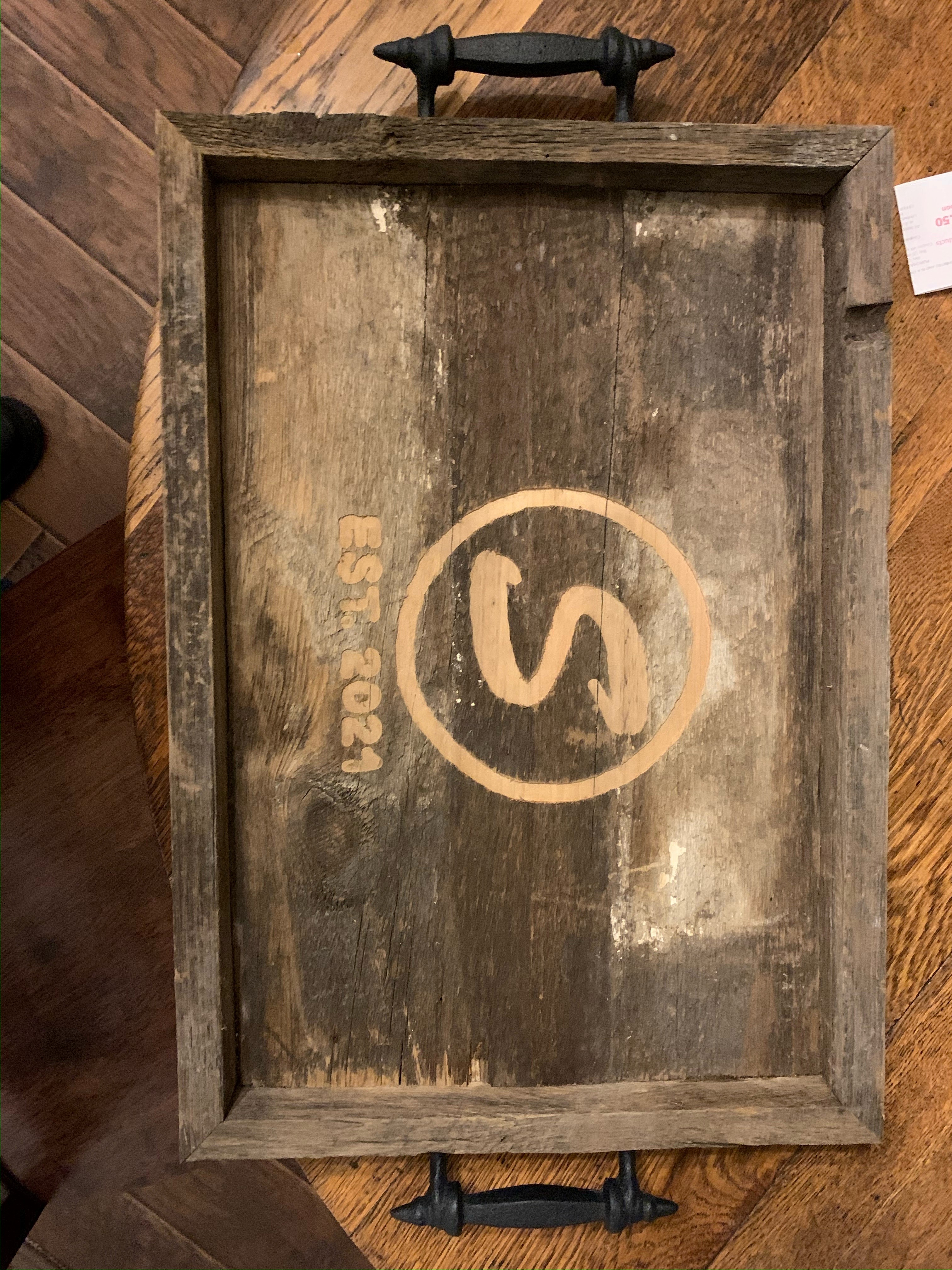 A serving tray Brad made from 150-year-old barn wood.